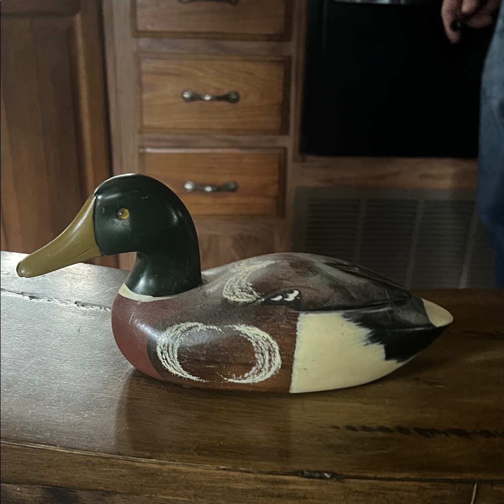 Handcrafted Wooden Duck Decoy Sculpture - Green, Brown, Cream